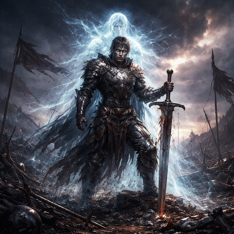 Battle-worn human fighter on a shattered battlefield at twilight, gripping a greatsword planted in stone as a glowing spectral double rises behind him, necrotic energy swirling around his cracked armor.
