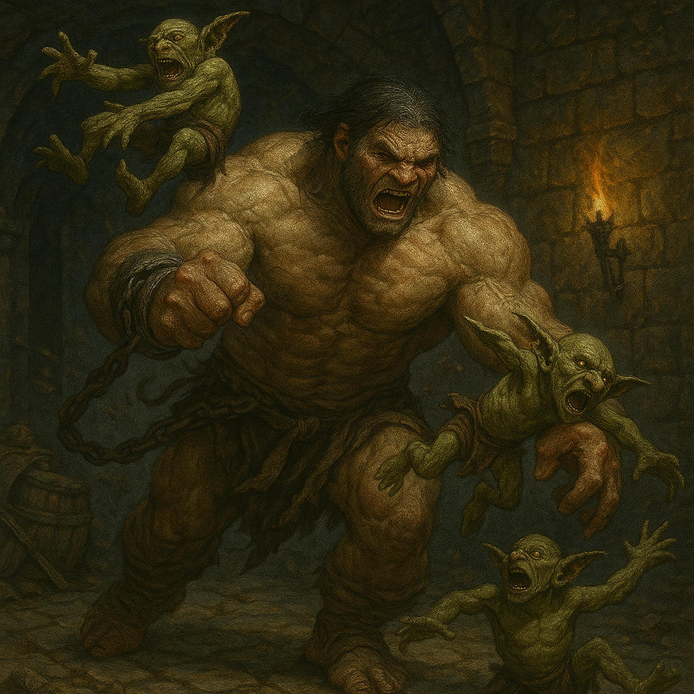 A massive, muscular barbarian in a dimly lit dungeon grabs shrieking goblins and throws them violently across the room. His wrists are wrapped in broken chains, and the background shows crumbling stone arches, barrels, and a burning torch casting warm light onto the chaotic scene.