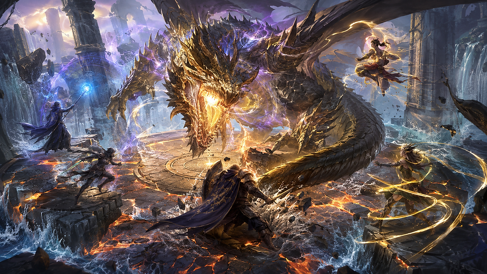 A massive dragon battles four fantasy adventurers in a ruined arena with lava, water, magical restraints, teleportation effects, and a sweeping tail attack.