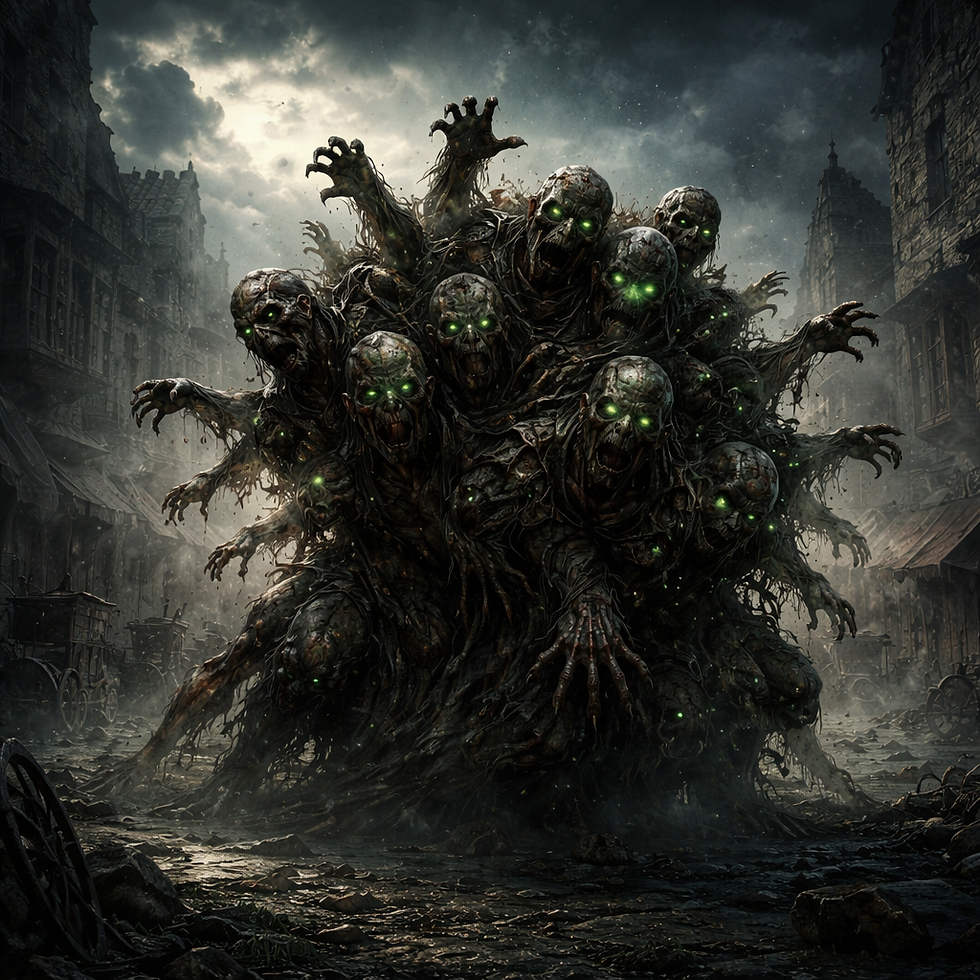 Square dark fantasy image of nine fused zombies forming one writhing horde with glowing green eyes, shambling through a destroyed medieval city under storm clouds and moonlight.