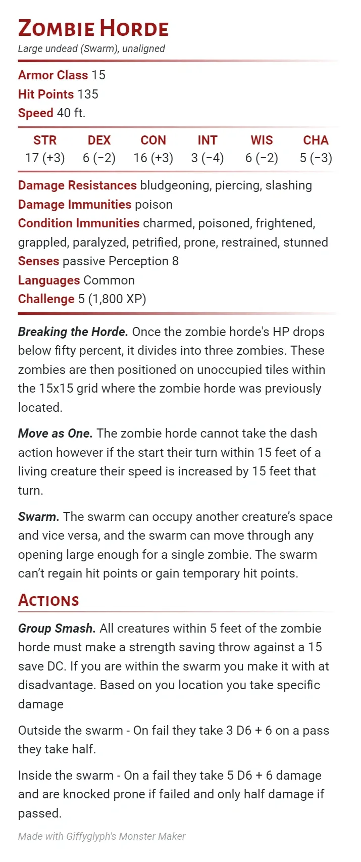 D&D 5e style stat block titled “Zombie Horde,” showing Large undead swarm with AC 15, 135 HP, 40 ft speed, resistances, condition immunities, Breaking the Horde trait, Move as One, Swarm feature, and Group Smash action with strength save and variable damage.