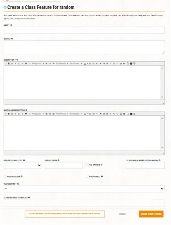 Screenshot of DNDBeyond’s “Create a Class Feature” page showing fields for feature name, description, required class level, feature type, display order, and optional settings.