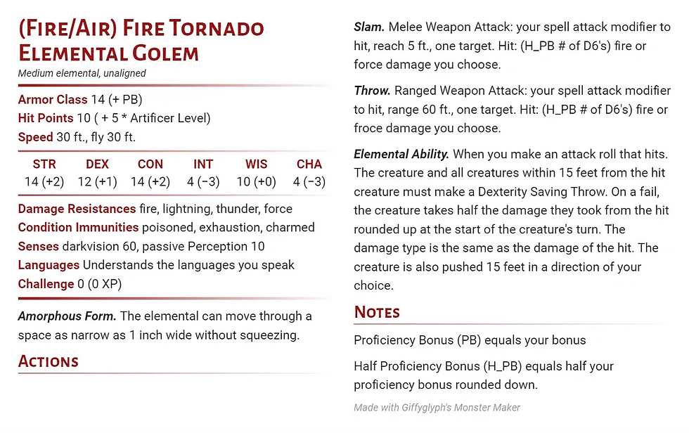 A Fire Tornado Elemental Golem for the 4 Elements Artificer in D&D 5e, formed from roaring fire and violent winds, representing fire and air elemental damage.