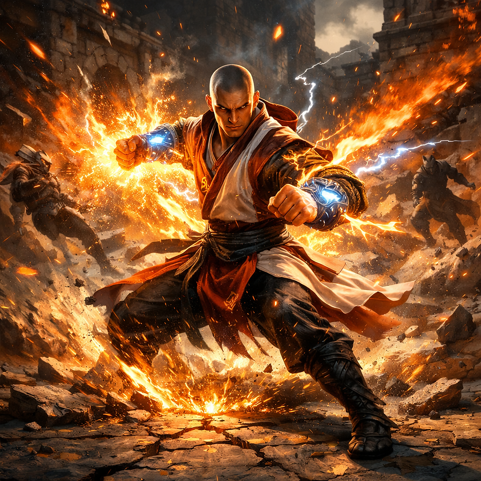 A fantasy monk in flowing martial robes delivers an explosive punch in a ruined stone courtyard, fiery orange and blue energy bursting from their fists as enemies are blasted backward and debris cracks the ground beneath them.