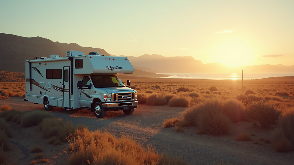 High angle view of an RV parked near a scenic landscape