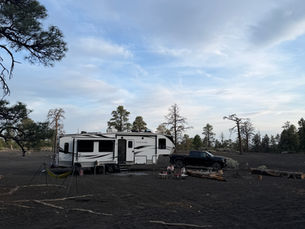 RV parked on ciders in the Cinders OHV area near Flagstaff Arizona