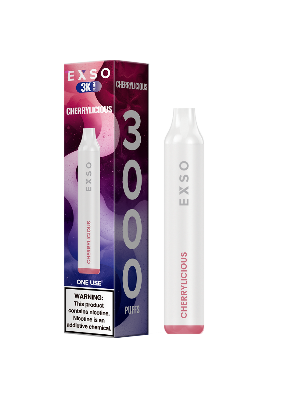 EXSO 3K Puffs Cherrylicious – disposable vape with 3000 puffs, bold cherry flavour, 950mAh battery