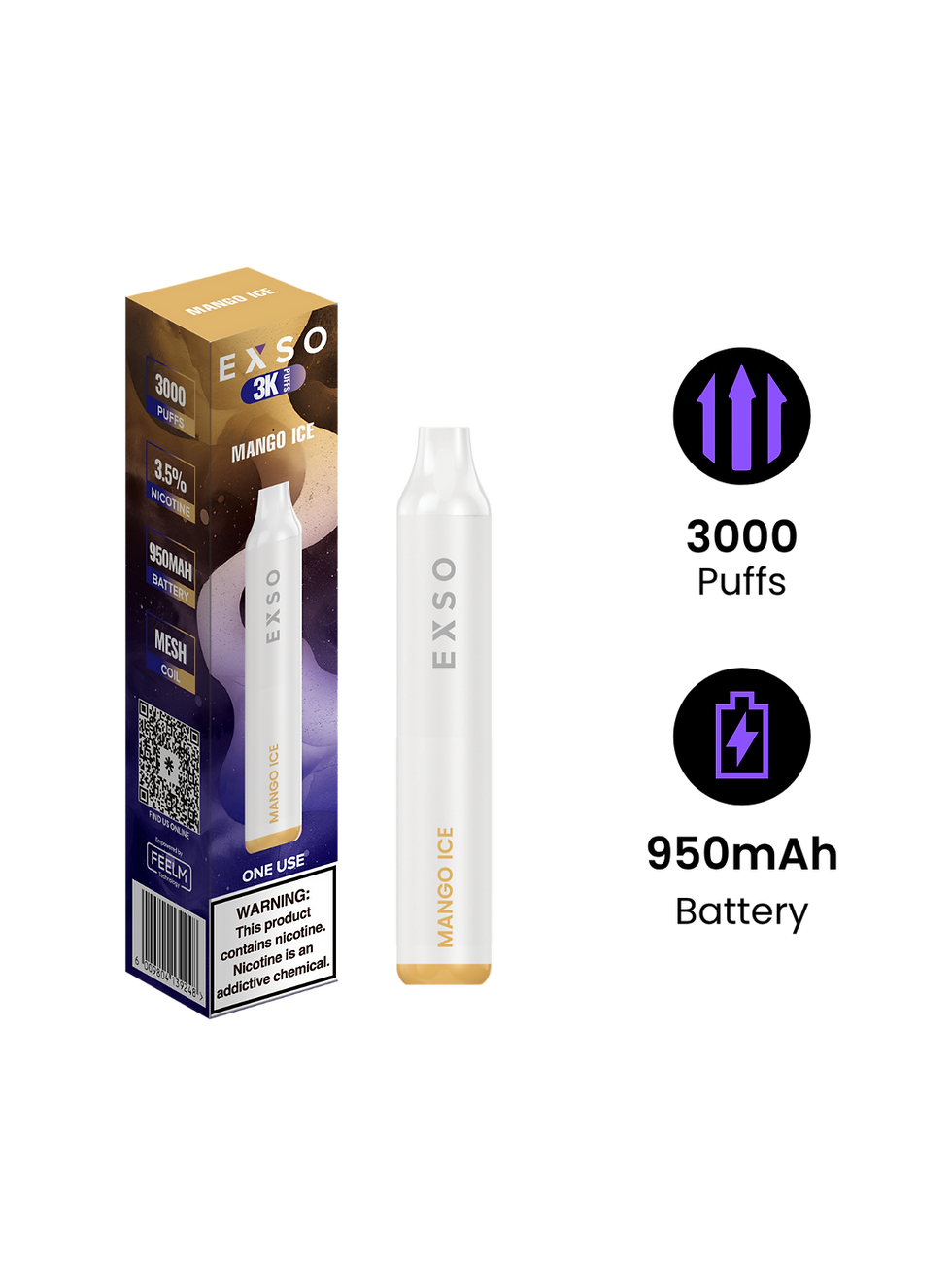 EXSO 3K Mango Ice device showing battery life and 3000 puff capacity.