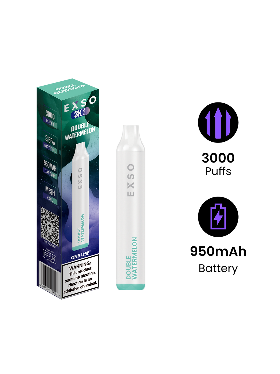 EXSO 3K Double Watermelon with 3000 puffs and 550mAh battery icons on display.
