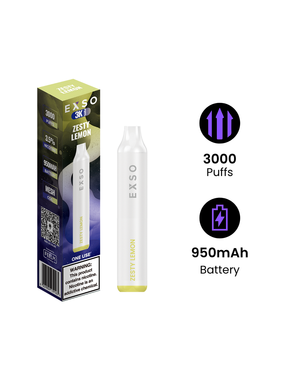 EXSO 3K Zesty Lemon displaying 3000 puffs and 550mAh battery capacity.