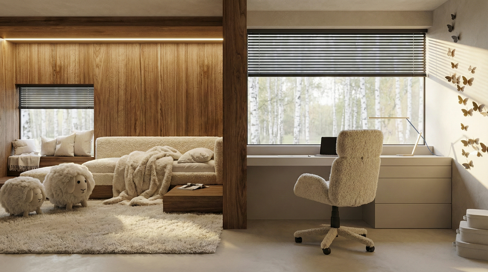 Studijní kout pro školáka v rostoucím pokoji s psacím stolem na celou šířku okna, čalouněnou židlí a nástěnnou dekorací.