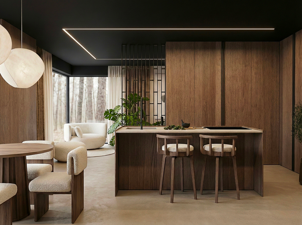 Moderní interiér domu v Klánovicích s kuchyní v tmavém dřevodekoru, pískovou stěrkou na podlaze a černým stropem. Minimalistický prostor s výhledem do lesa a nábytkem v krémové látce bouclé.