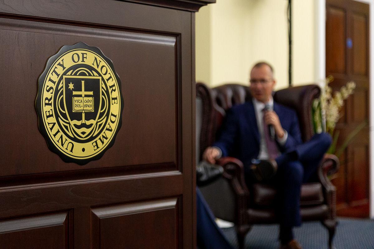 Institutional photography showing an interview setting at a university in London.
