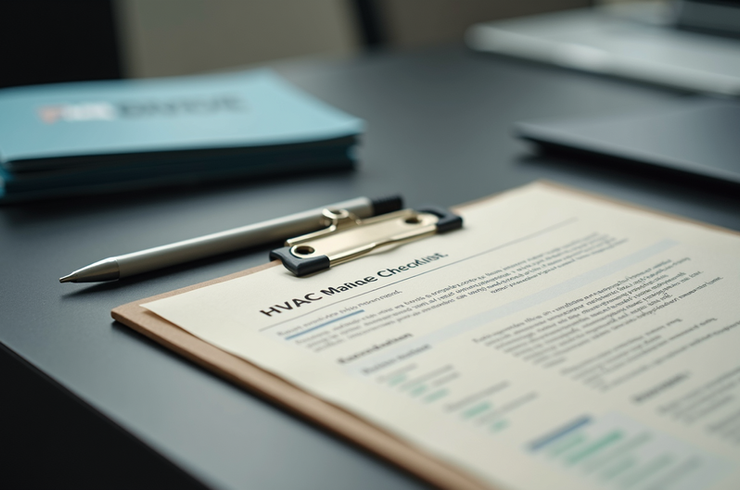 AC maintenance checklist and pen on desk during routine air conditioning service