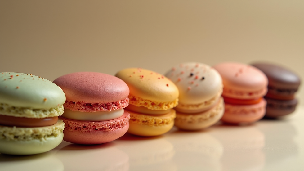 Eye-level view de macarons variados em uma bandeja de porcelana branca