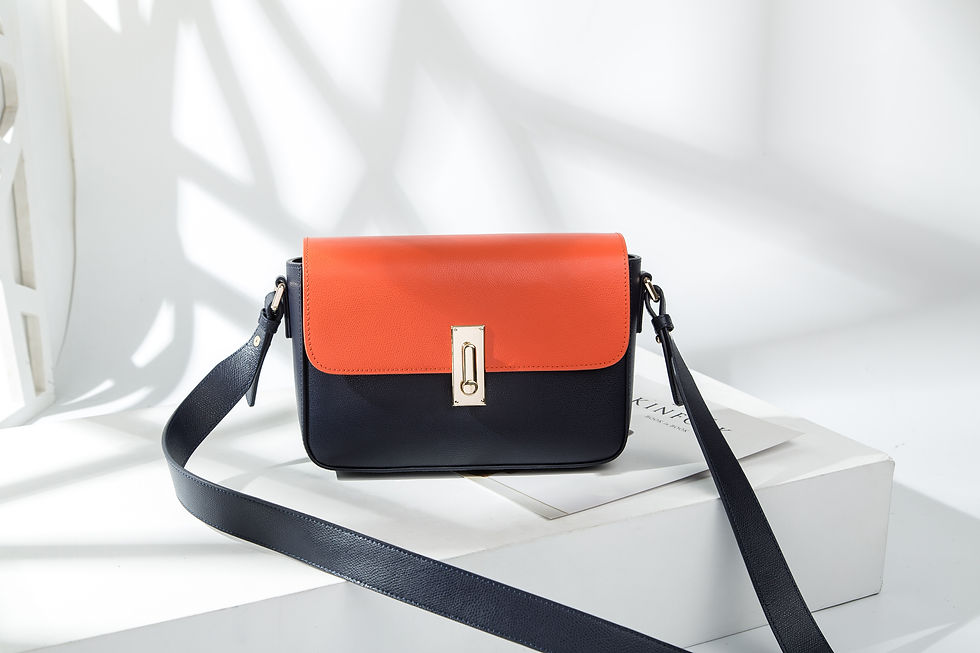Thumbnail: Women's Combo Color Leather Handbag - indigo / fresh orange