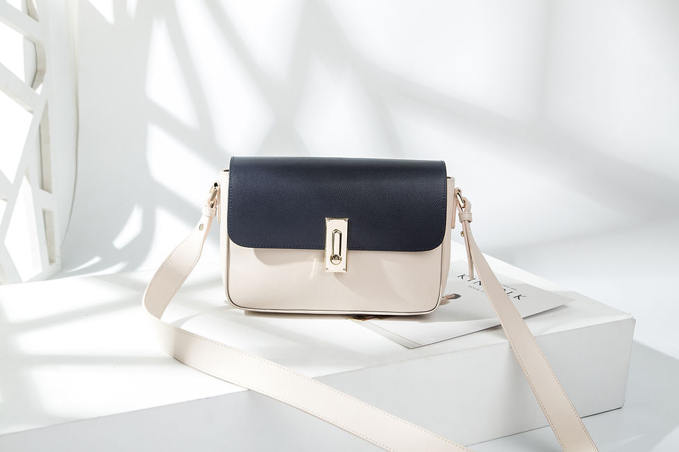 Thumbnail: Women's Combo Color Leather Handbag - off-white / indigo
