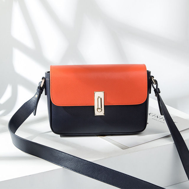 Thumbnail: Women's Combo Color Leather Handbag - indigo / fresh orange