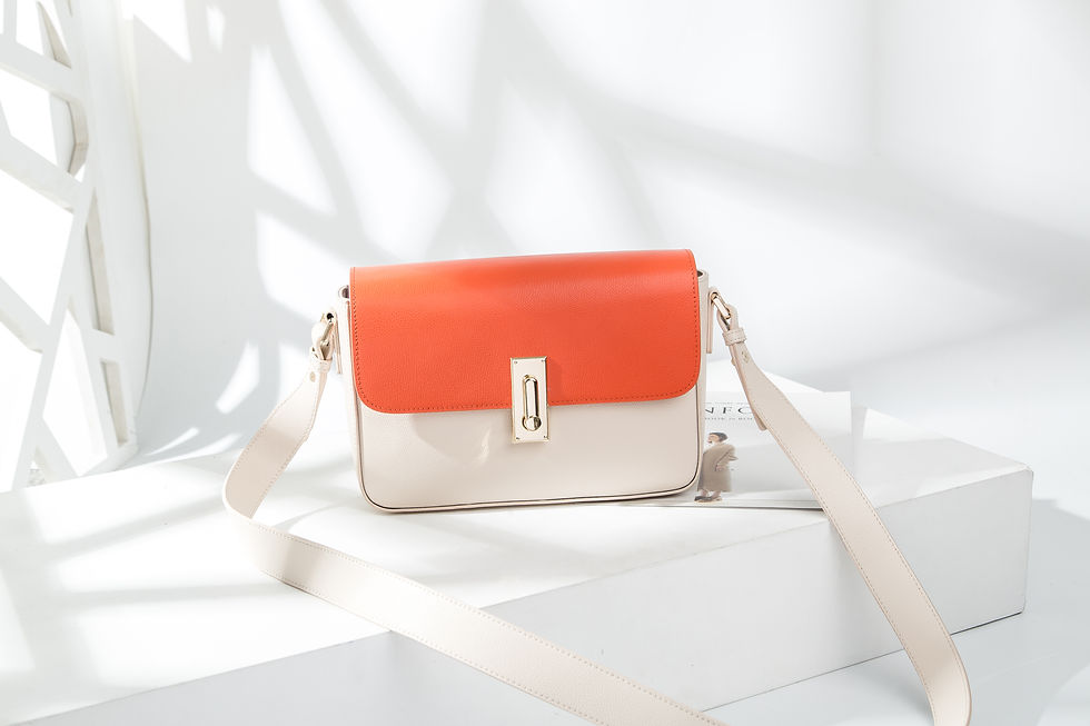 Thumbnail: Women's Combo Color Leather Handbag - off-white / fresh orange