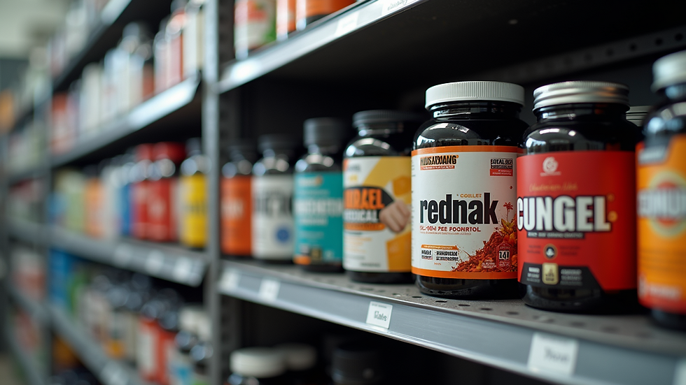 Eye-level view of a variety of fitness supplements on a shelf