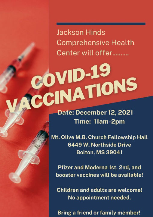 Flyer for Covid-19 vaccination clinic 12/12/21 Mt. Olive MB Church Bolton MS