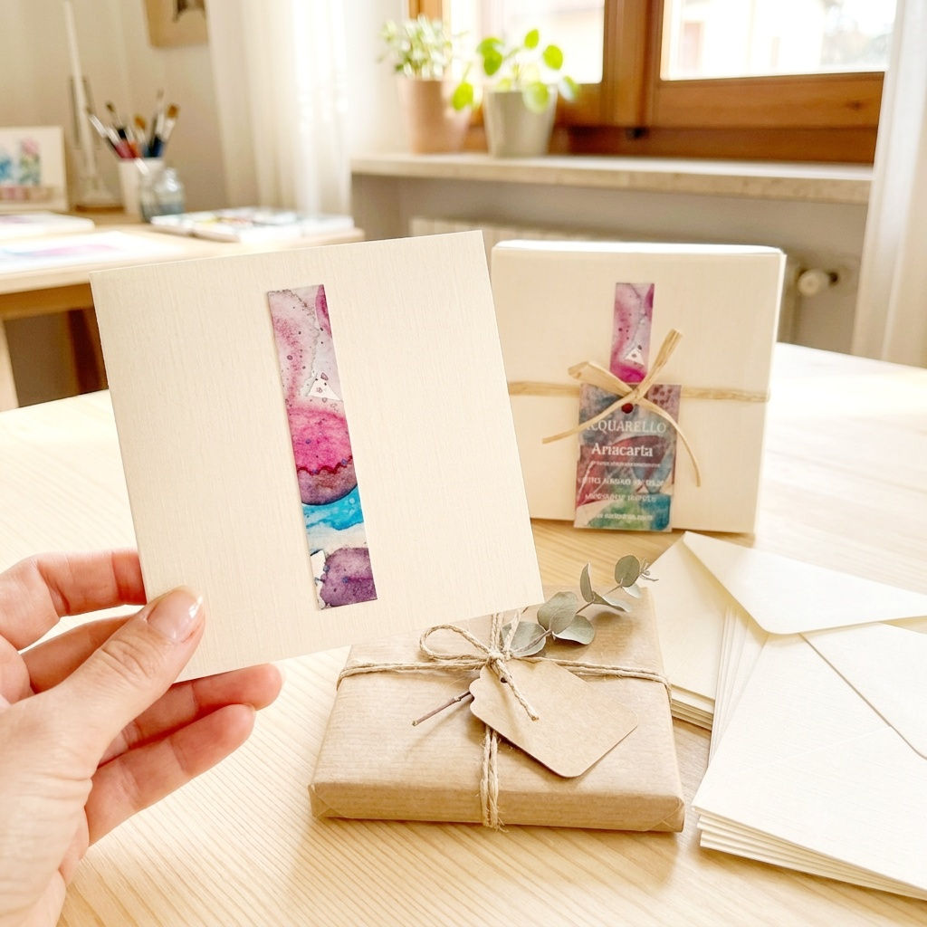 4 Biglietti piegati con acquarello, 10x10 cm, senza busta