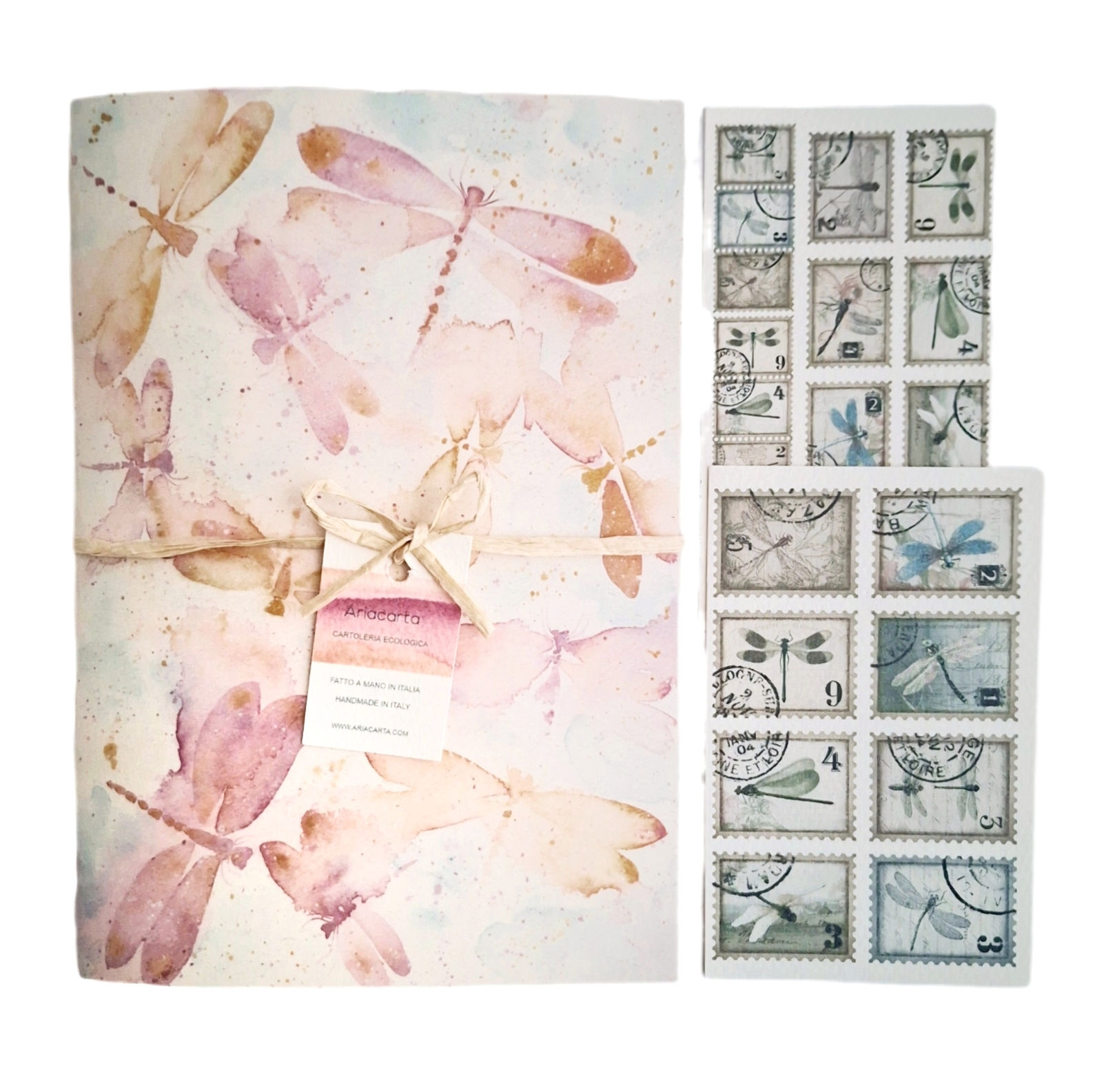 Quaderno A5 Artigianale Ecologico + 24 figurine da ritagliare, Libellule Rosa