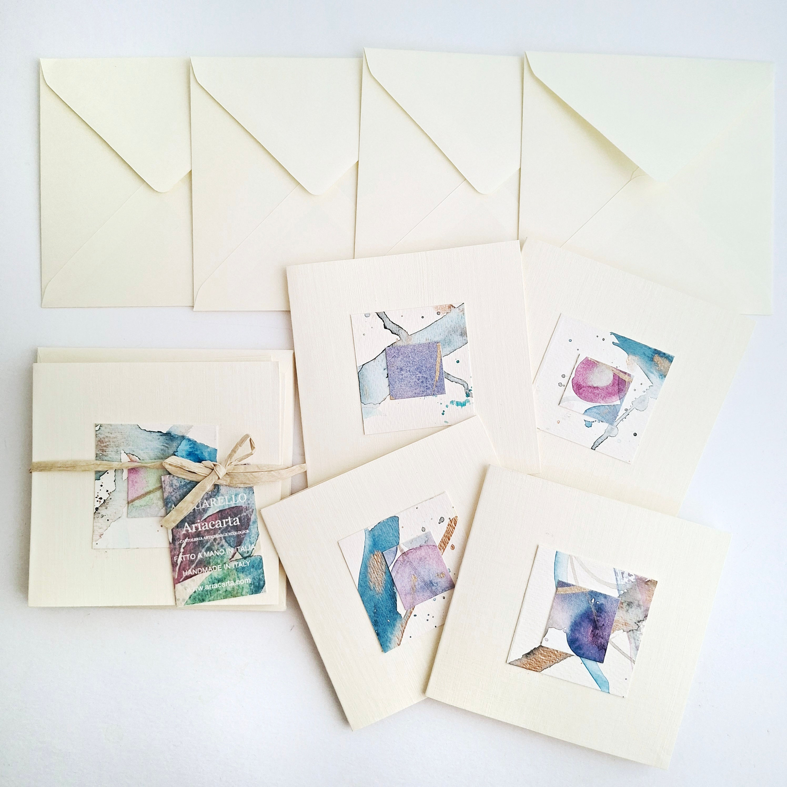 Set 4 Biglietti Auguri con Acquarelli, 10x10 cm, con busta – fatti a mano