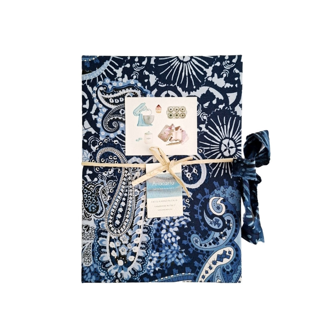 Quaderno per Ricette Artigianale Fantasia Blu, per 160 ricette, carta riciclata