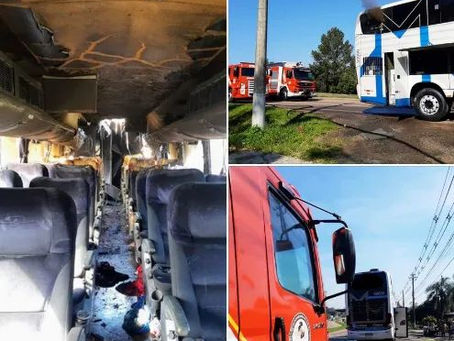 Ônibus pega fogo na ERS 122 em São Sebastião do Caí