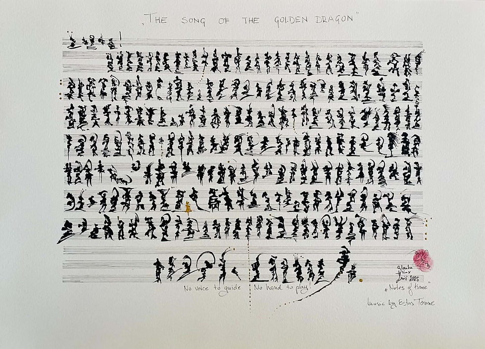 The Song of the Golden Dragon by Blanka Blinx Križ, an original Ontoglyphic Writing artwork created in response to the music of guitarist Estas Tonne.