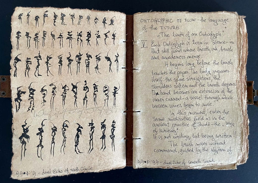 Liber ONTHOglyphic of Flow — Open Manuscript
Open pages of Liber ONTHOglyphic of Flow — Volume I, showing original black ink visual writing inside the hand-bound artist's book.
