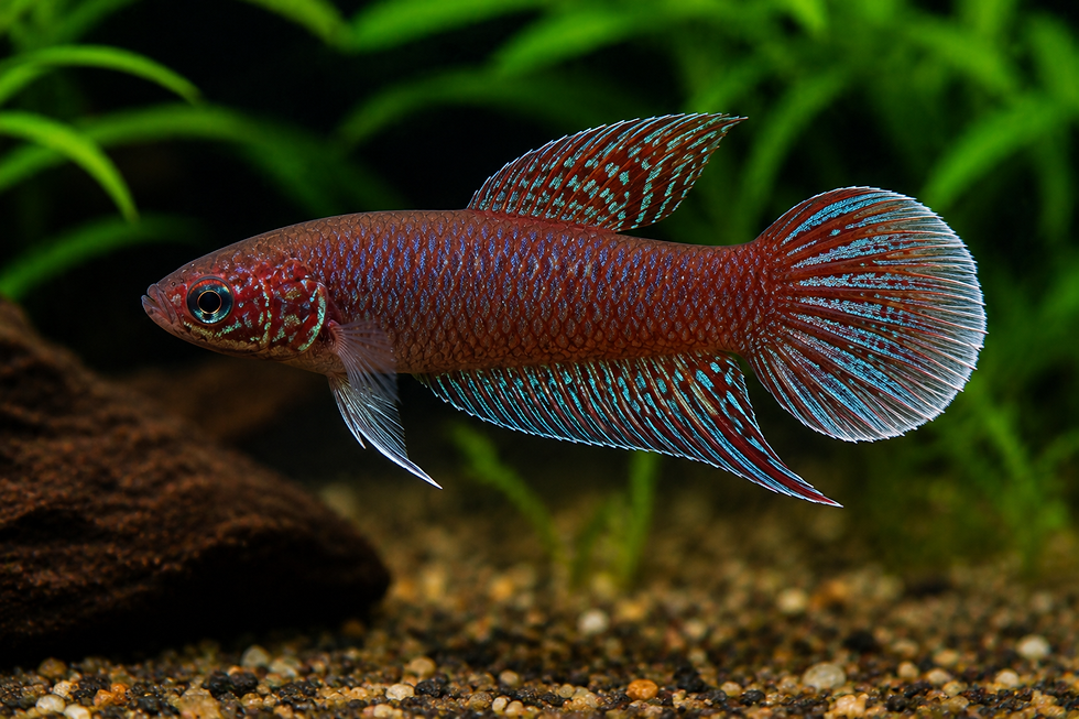 Reddish-brown fish with iridescent blue fins in an aquarium