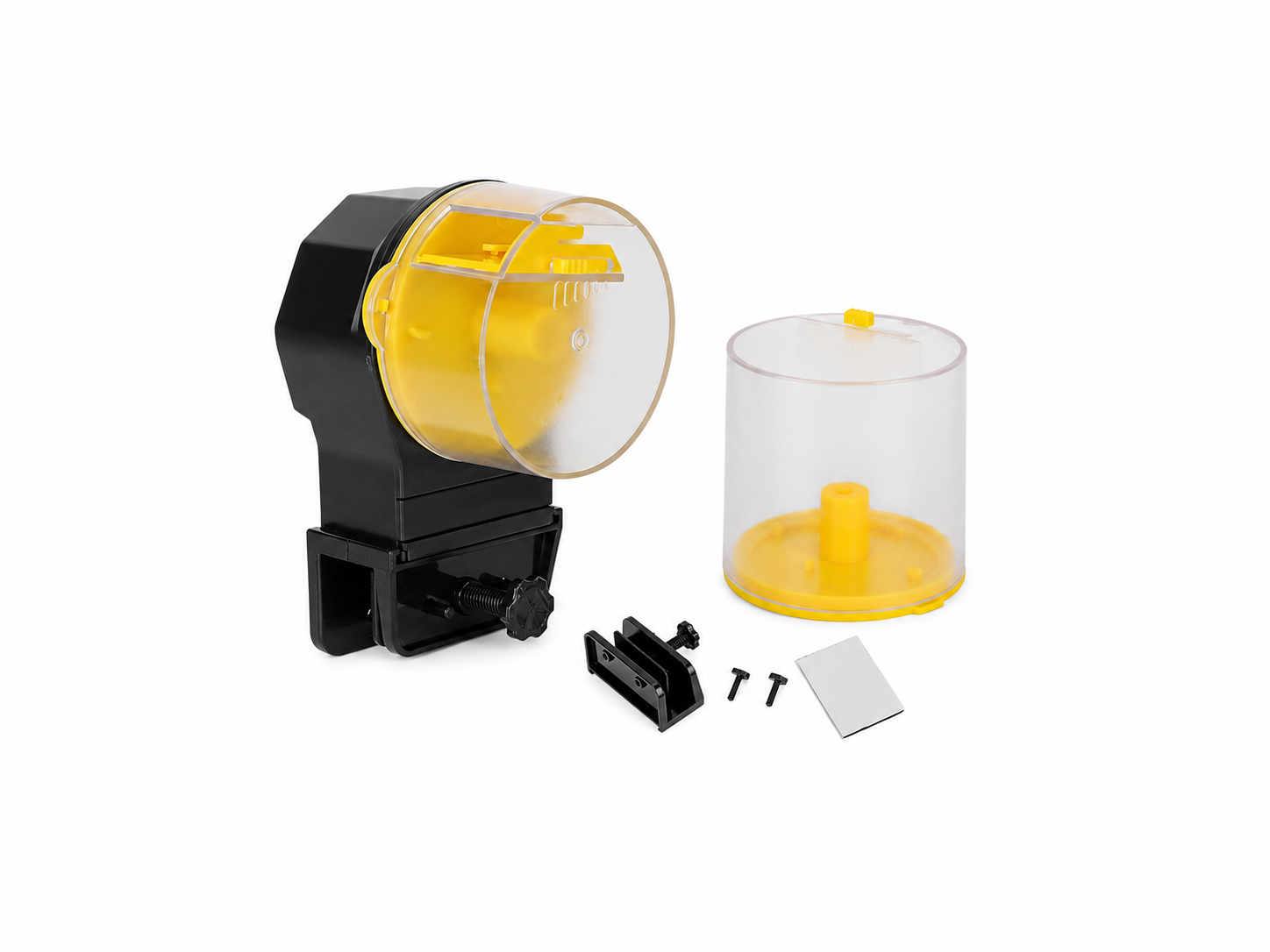 Black and yellow automatic fish feeder, disassembled