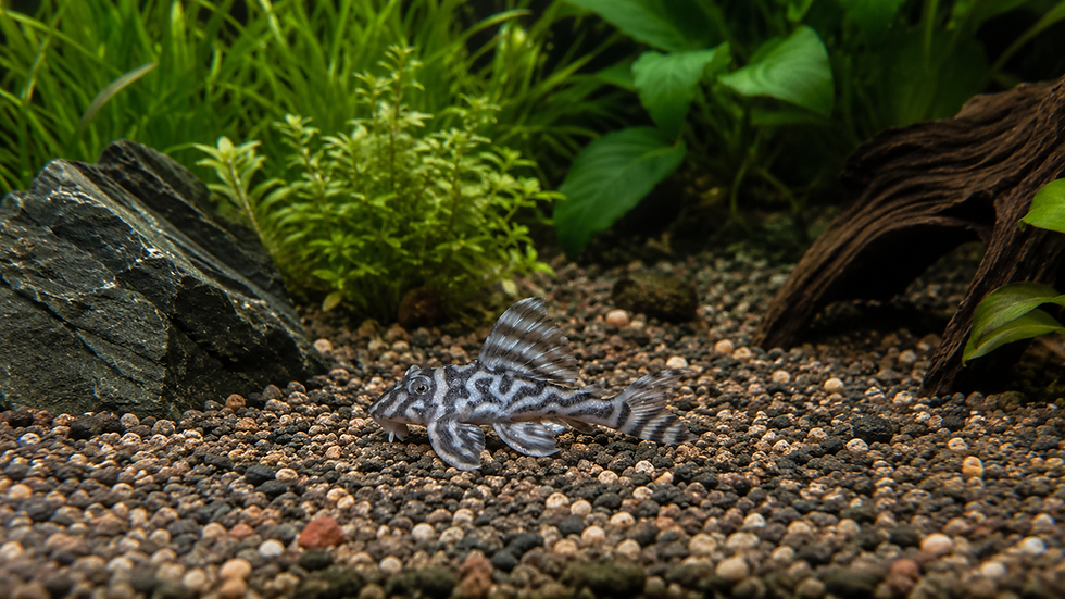 L173 Dwarf Zebra Pleco on gravel in a planted aquarium.