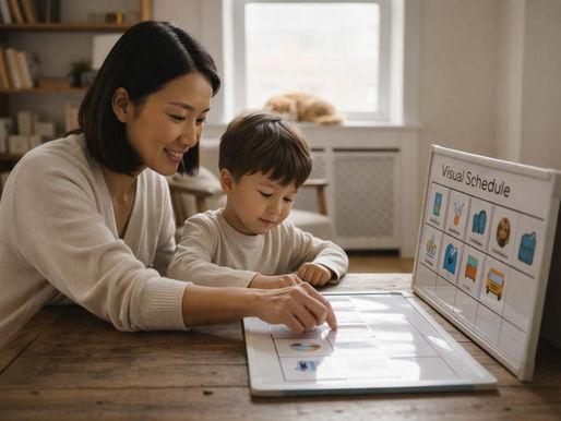 Caregiver using a visual support board with a child to support transitions and daily routines.