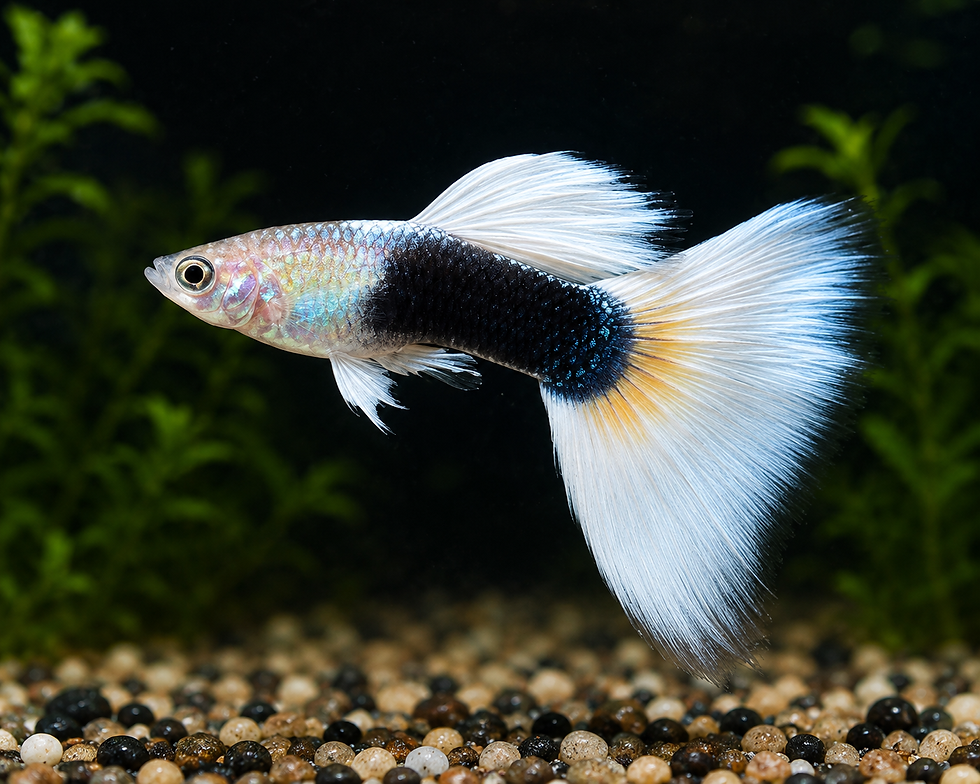 Half black white guppy with flowing white fins in a tank.