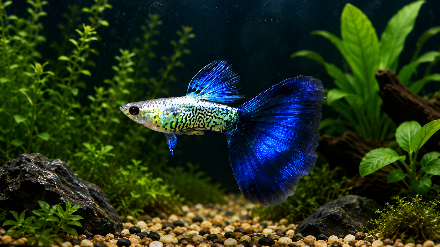 Guppy de cola azul metálica con piel de serpiente