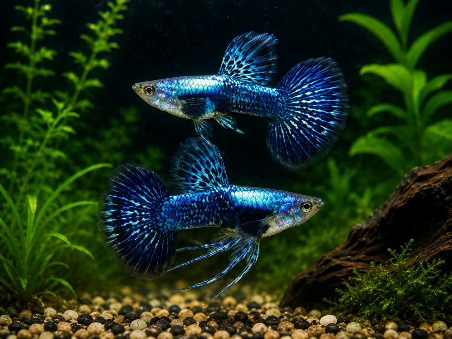 Two blue guppies in an aquarium