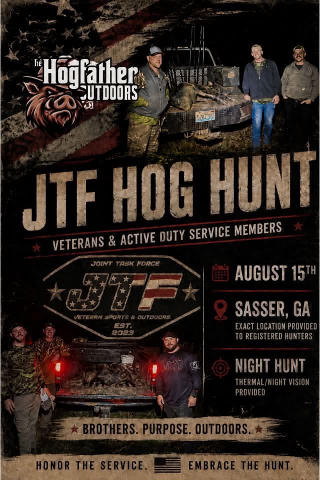 JTF Hog Hunt event flyer for veterans and active-duty service members in Sasser, Georgia on August 15