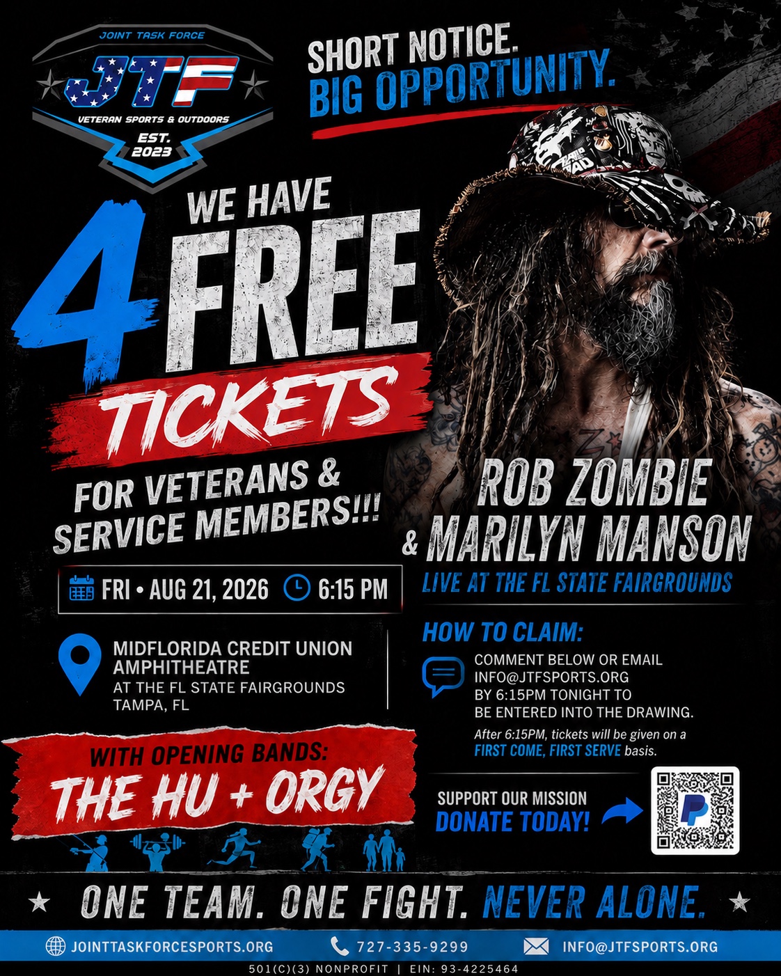 JTF Sports four free ticket giveaway for Rob Zombie and Marilyn Manson at MIDFLORIDA Credit Union Amphitheatre in Tampa on August 21, 2026