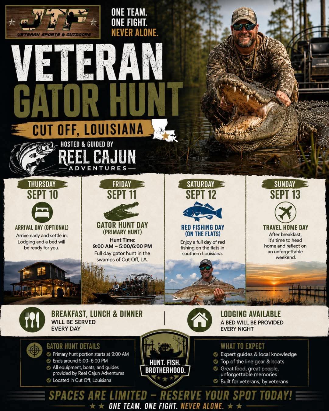 Veteran Gator Hunt in Cut Off, Louisiana, September 10–13, hosted and guided by Reel Cajun Adventures