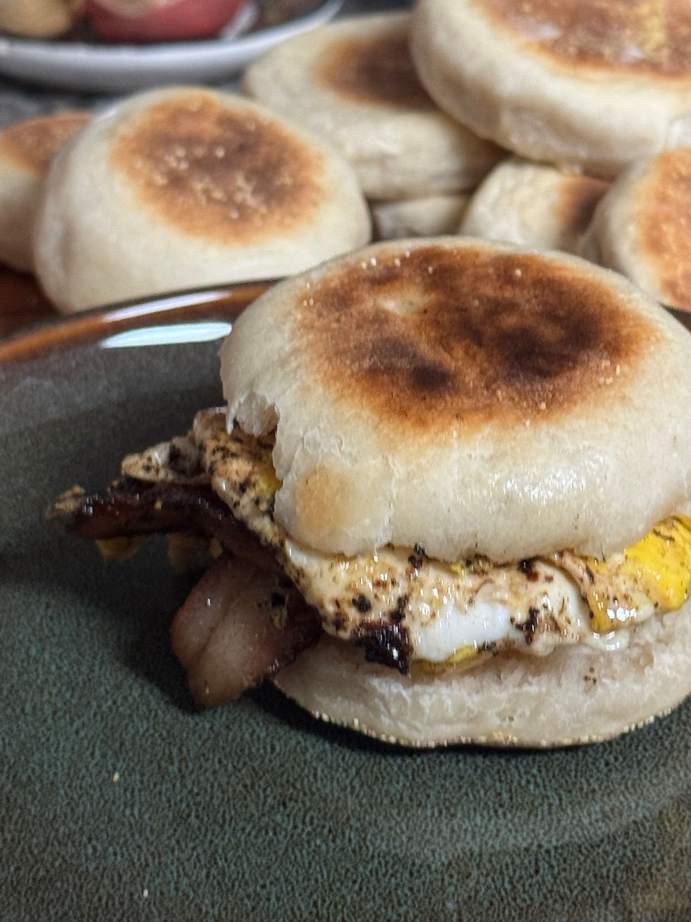 Sourdough English muffin served as a breakfast sandwich.