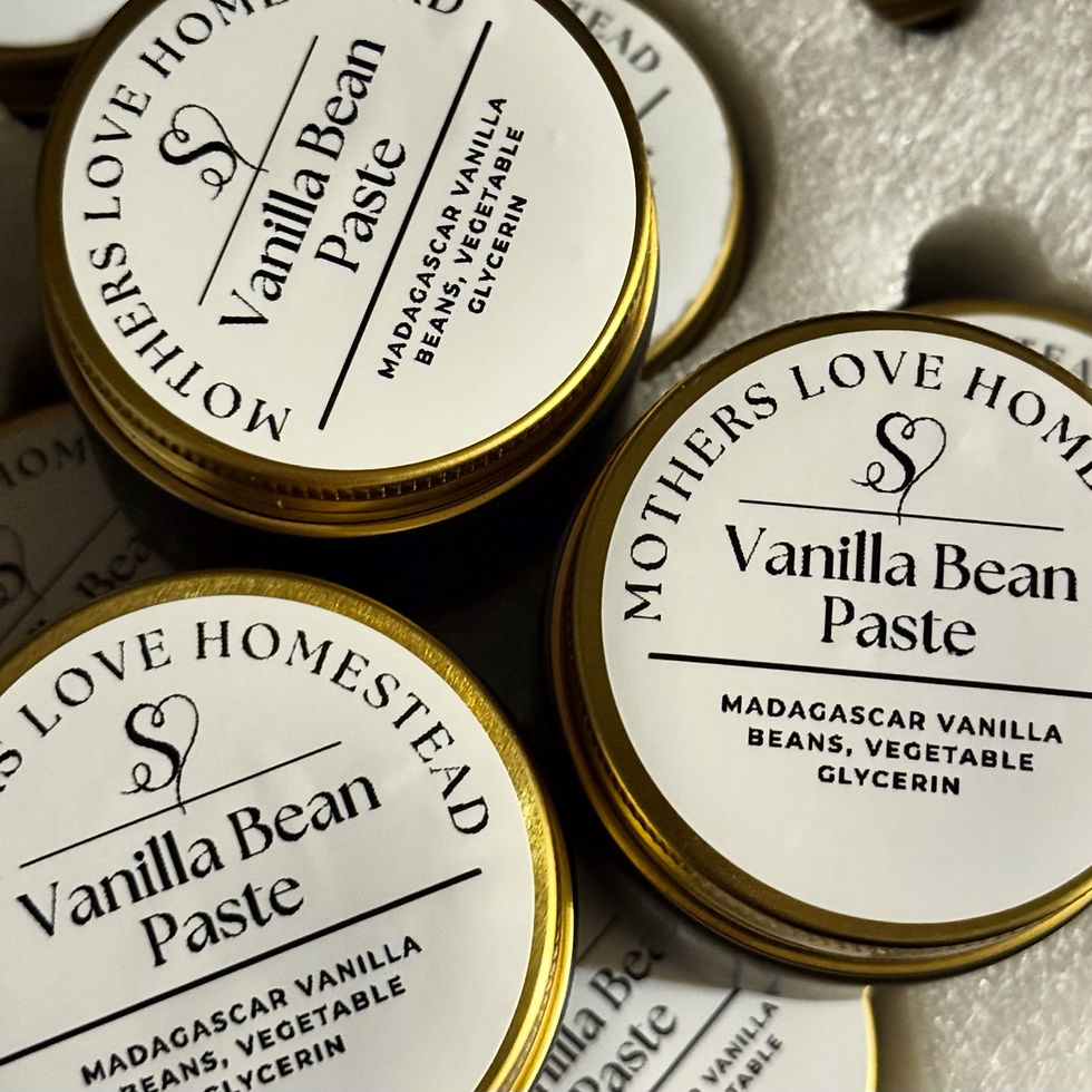 Mother’s Love Homestead Vanilla Bean Paste jars with labeled gold lids.