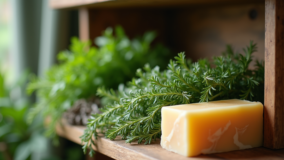 Close-up view of fresh herbs and handmade soap on wooden shelf
