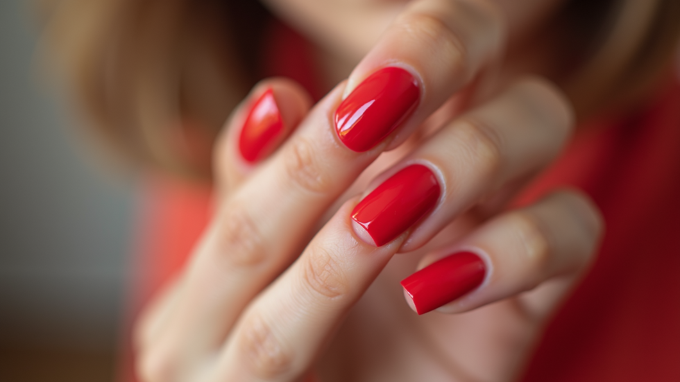 Close-up view of a beautifully manicured hand with vibrant nail polish