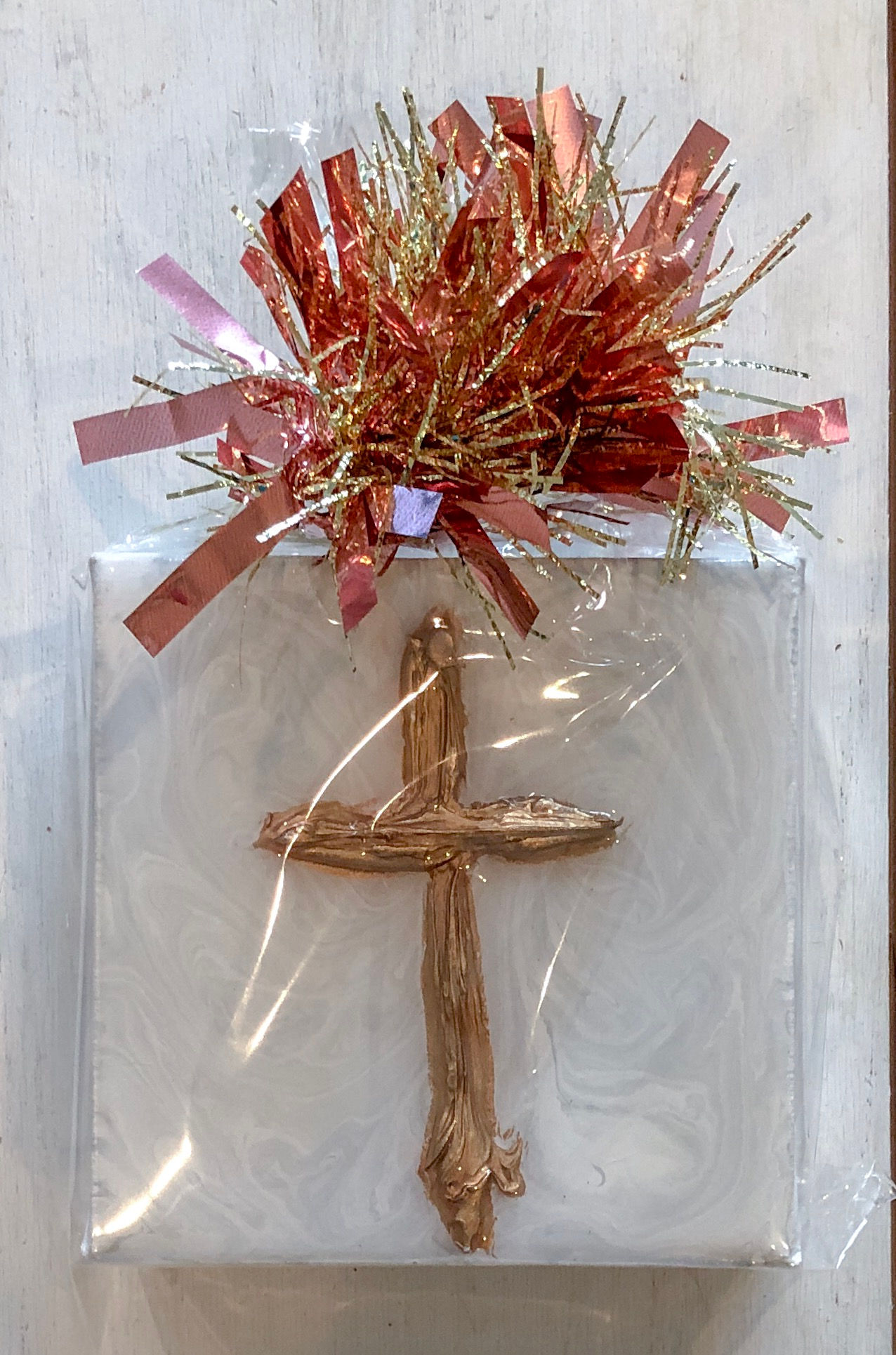 Grey Abstract with Gold Textured Cross on Canvas