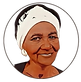 Stylized portrait of a person in an orange top and white headscarf, framed inside a circular border with a clean background.