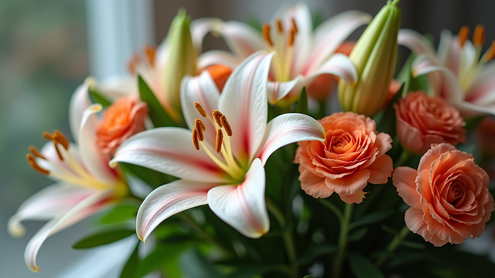 Eye-level view of a sympathy flower arrangement with lilies and carnations