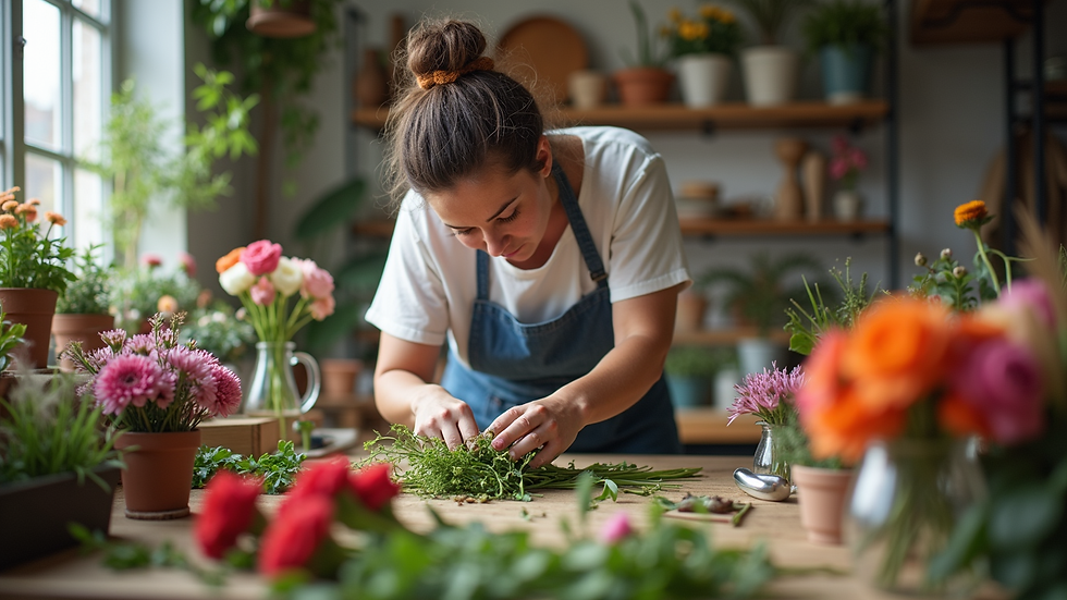 Eye-level view of a florist arranging fresh flowers in a workshop